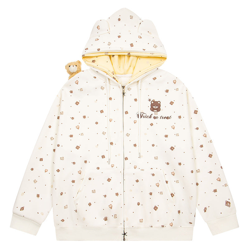 Embroidered teddy bear zipper loose hooded jacket