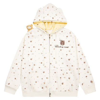 Embroidered teddy bear zipper loose hooded jacket
