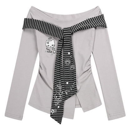 Cute Long Sleeve T-shirt with One Shoulder Kitten for Women