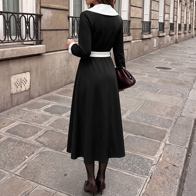 Elegant Long Sleeve V-Neck Belted Waist Long Dress for Women