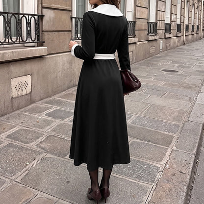 Elegant Long Sleeve V-Neck Belted Waist Long Dress for Women