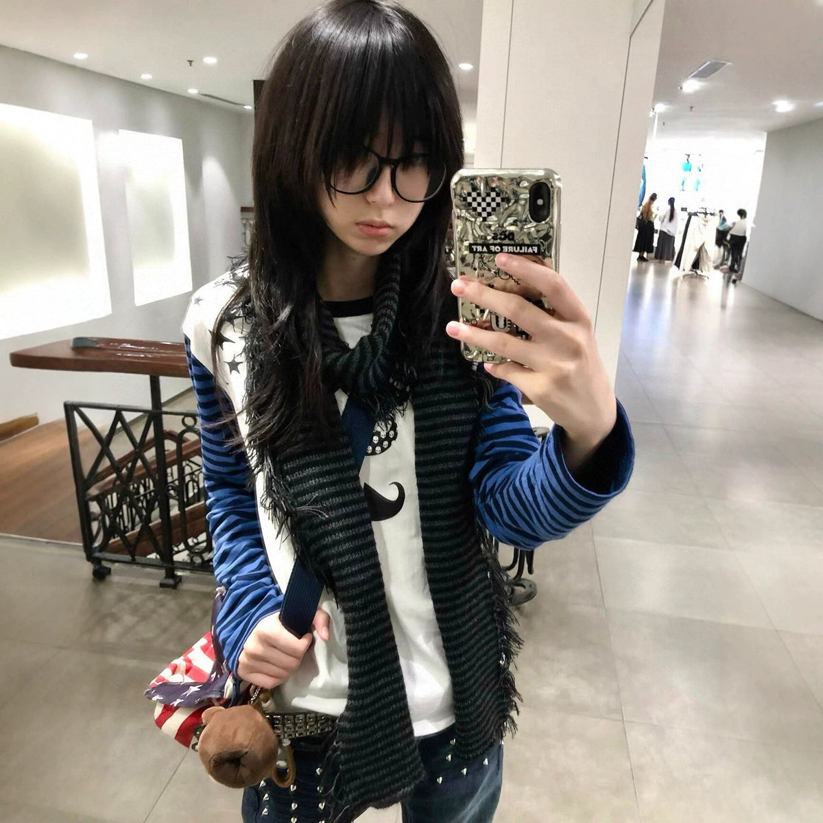 Color-block Stripes Mustache Stars Long Sleeve Women's T-Shirt