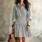 Elegant Fitted Ruffle Hem Long Sleeve Collar Stripe Shirt Dress Mini Skirt