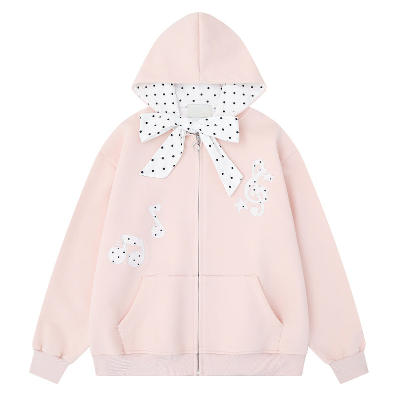 Light grey hooded zipper sweatshirt jacket with bow tie