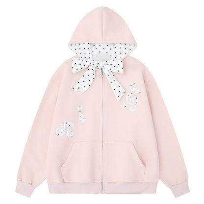 Light grey hooded zipper sweatshirt jacket with bow tie