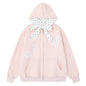 Light grey hooded zipper sweatshirt jacket with bow tie