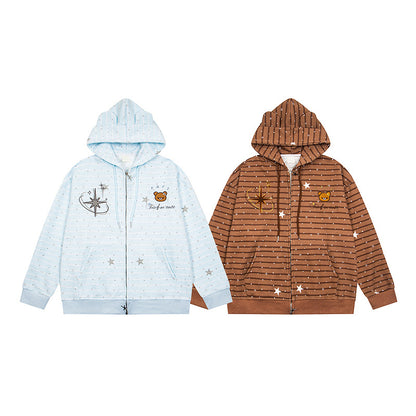 Striped star teddy bear loose shoulder zipper sweatshirt jacket