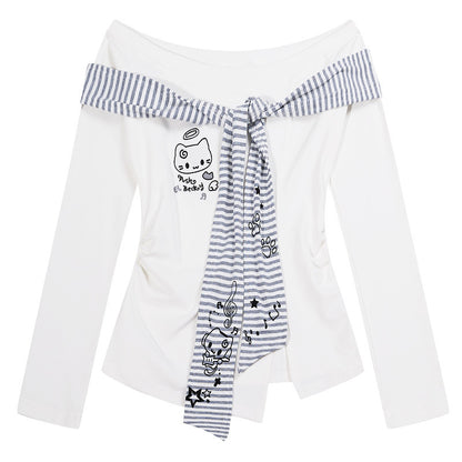 Cute Long Sleeve T-shirt with One Shoulder Kitten for Women