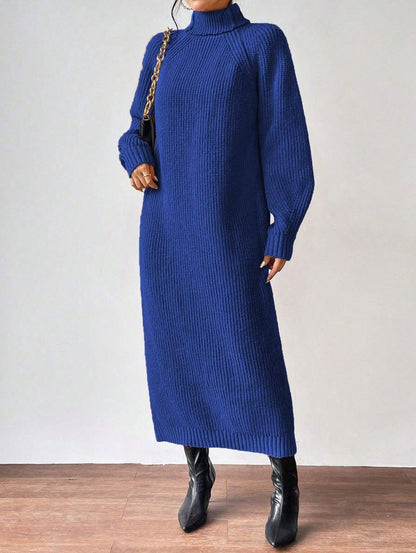Fashionable Knit Dress for Women, Long Sleeve, High Neck, Crewneck, Solid Color, Long Length, Inner Layer Dress