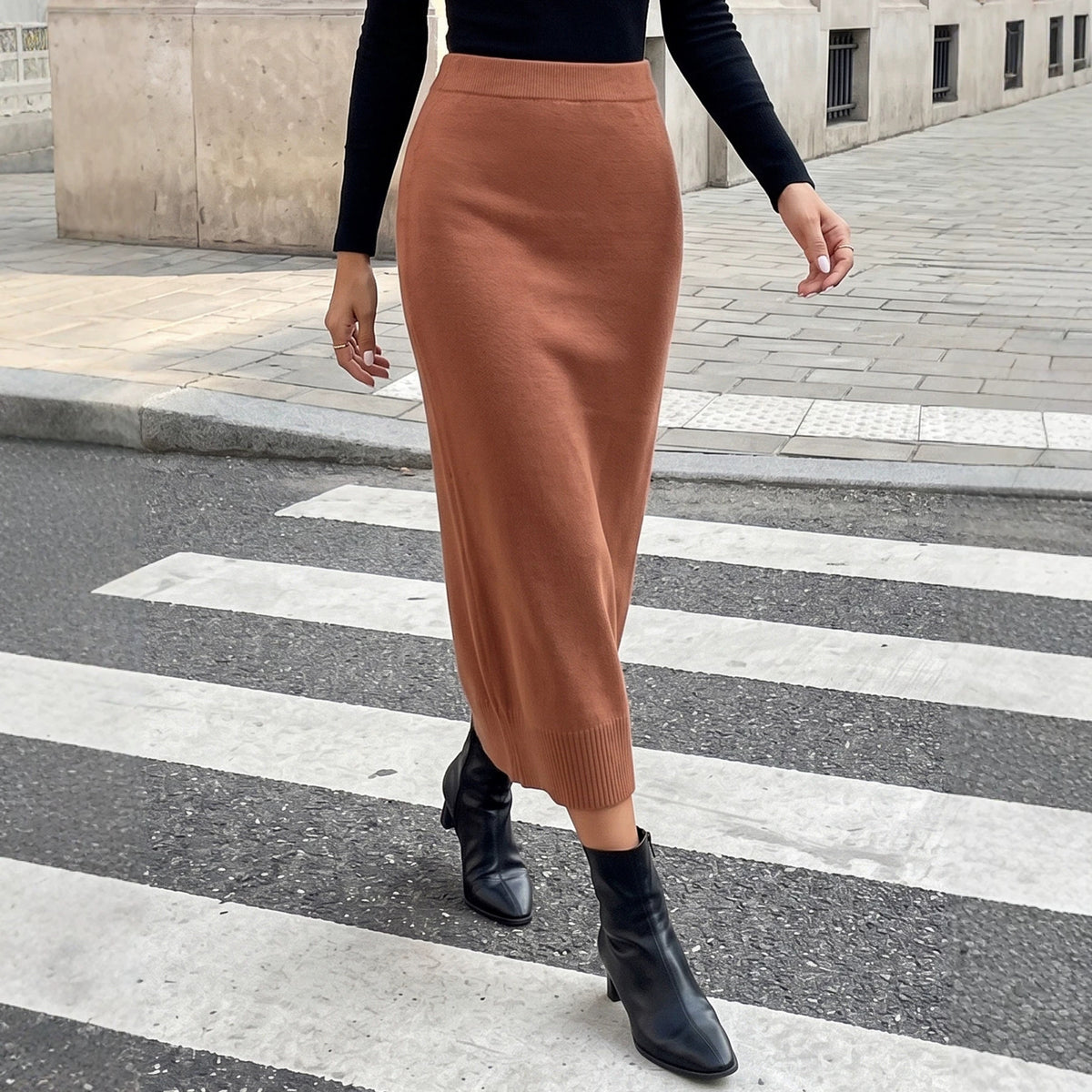 Women's Casual Office Pencil Skirt, Pure Color Loose Midi Skirt, Fitted Knit Dress