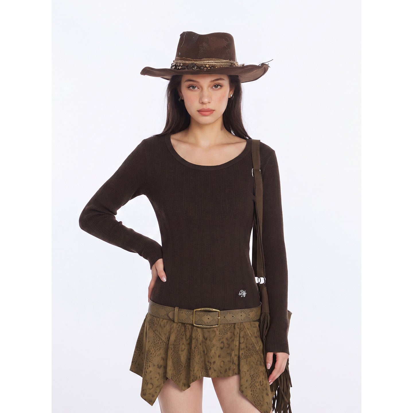 U-neck vertical groove long sleeved knitted sweater for women