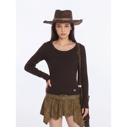 U-neck vertical groove long sleeved knitted sweater for women