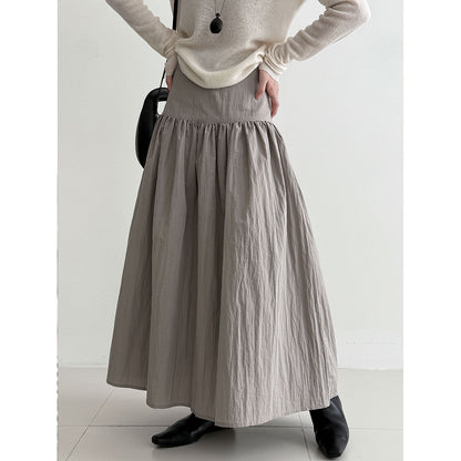 High-Waisted Cotton-Polyester Pleated Midi Skirt for Women, Solid Color Puffy A-Line Elegant Long Skirt