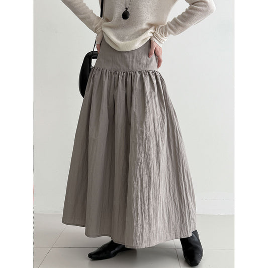 High-Waisted Cotton-Polyester Pleated Midi Skirt for Women, Solid Color Puffy A-Line Elegant Long Skirt