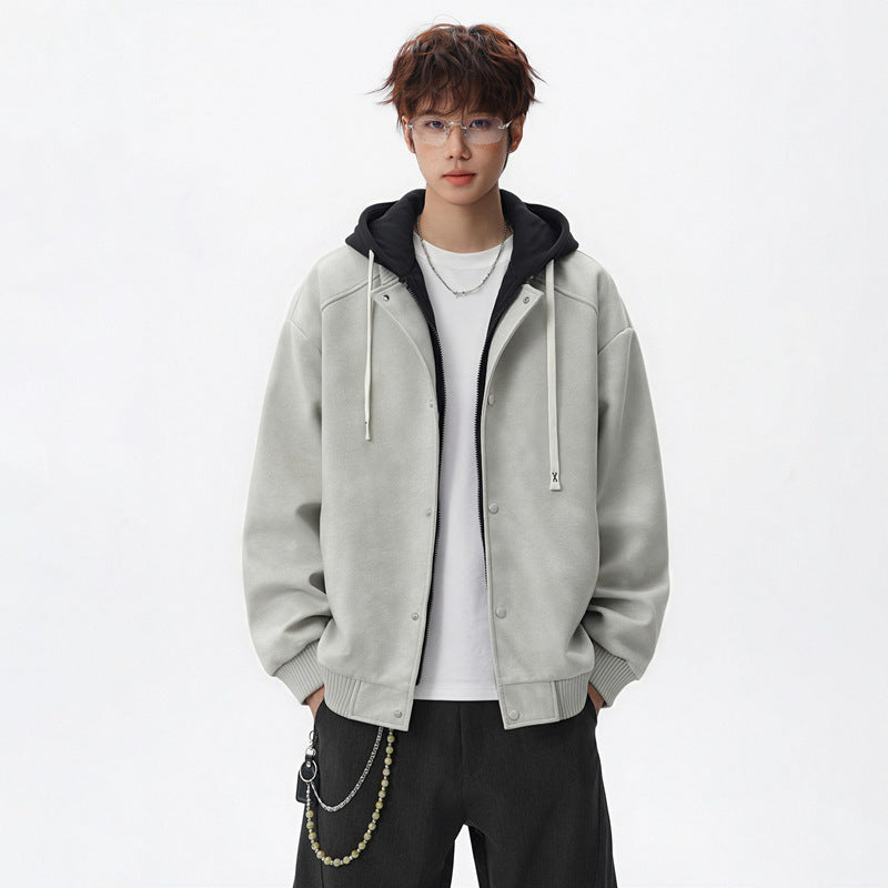 Men's  Hooded Leather Jacket Loose Fit Casual Faux Two-Piece Coat