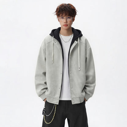 Men's  Hooded Leather Jacket Loose Fit Casual Faux Two-Piece Coat