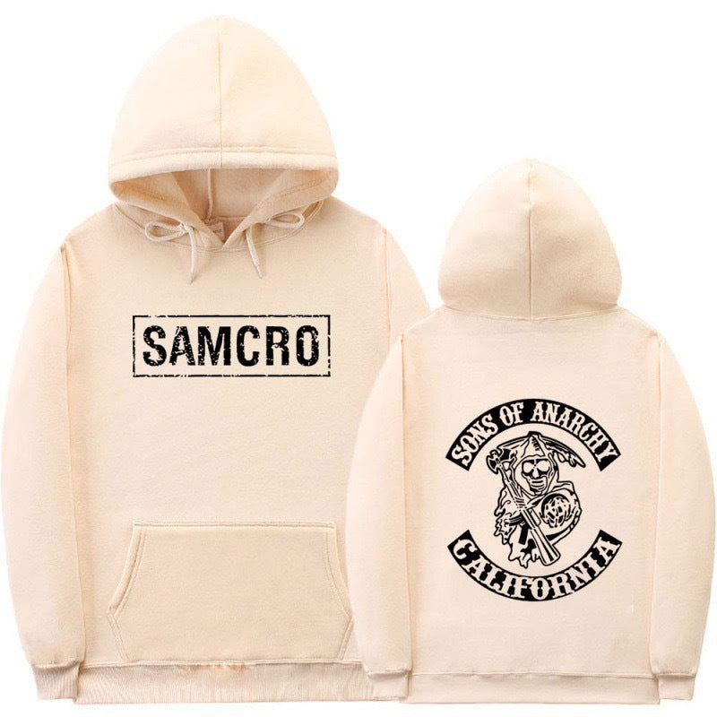 Casual Couple Pullover Fleece-Lined Hooded Sweatshirt with SAMCRO Print