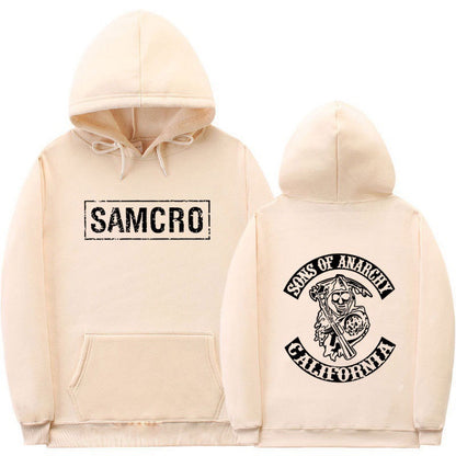 Casual Couple Pullover Fleece-Lined Hooded Sweatshirt with SAMCRO Print
