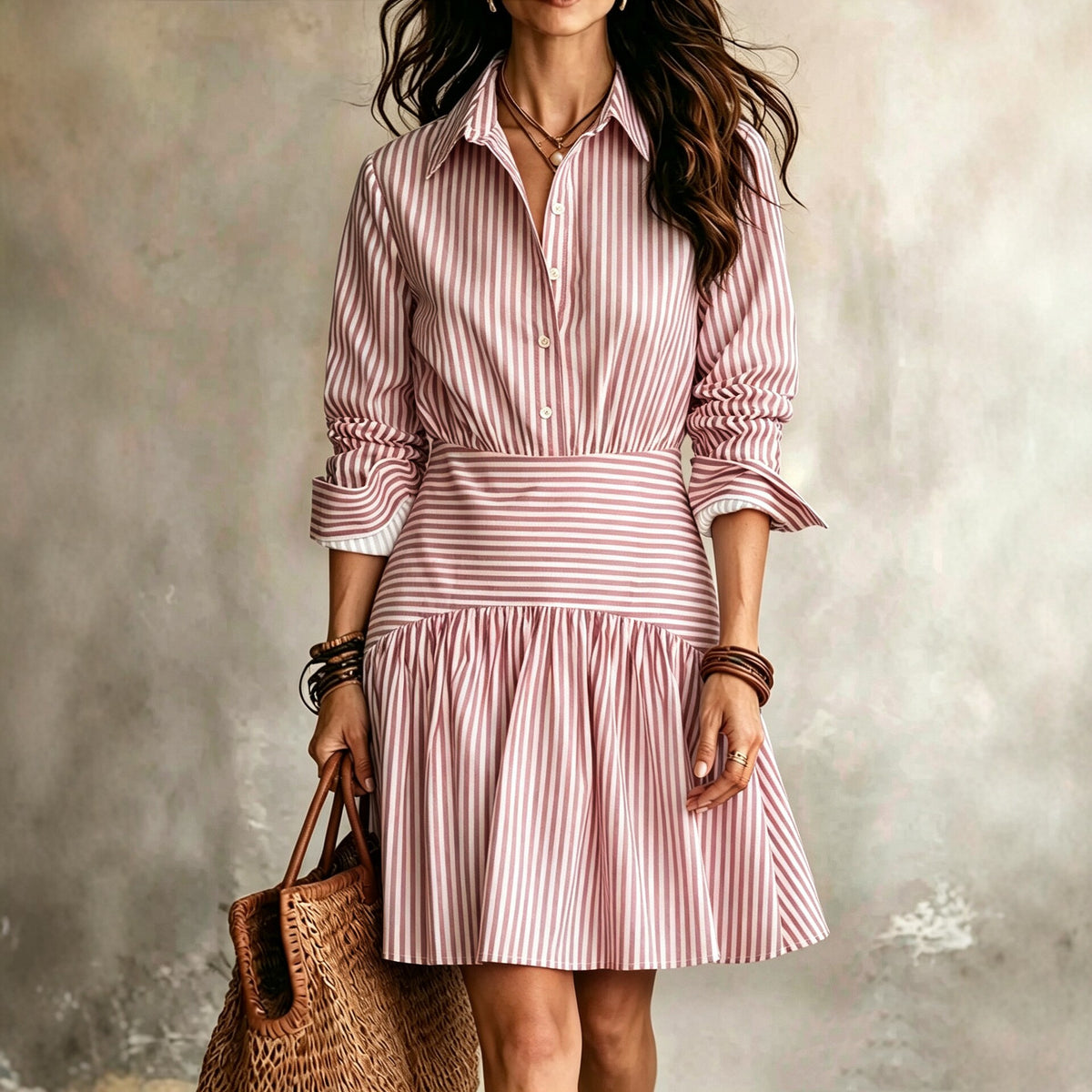 Elegant Fitted Ruffle Hem Long Sleeve Collar Stripe Shirt Dress Mini Skirt