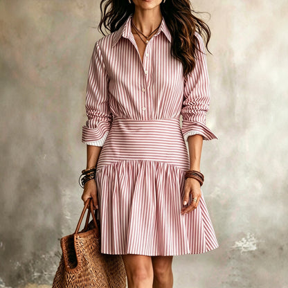 Elegant Fitted Ruffle Hem Long Sleeve Collar Stripe Shirt Dress Mini Skirt