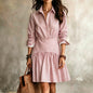 Elegant Fitted Ruffle Hem Long Sleeve Collar Stripe Shirt Dress Mini Skirt