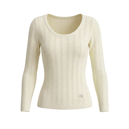 U-neck vertical groove long sleeved knitted sweater for women
