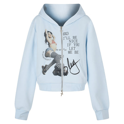 Letter printed light blue hooded jacket