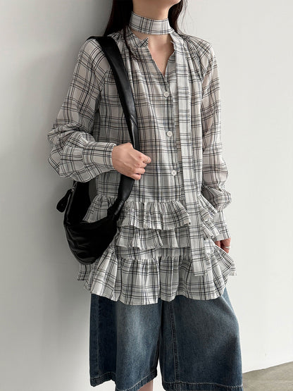 Plaid Ruffle V-Neck Tie Blouse for Women Spring Unique Design Layering Dress