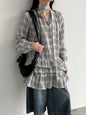 Plaid Ruffle V-Neck Tie Blouse for Women Spring Unique Design Layering Dress