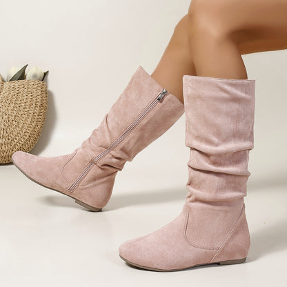Casual Versatile Durable Comfortable Mid-Calf Boots Lightweight Pleated Side Zip Women's Leather Boots Flat Summer Boots