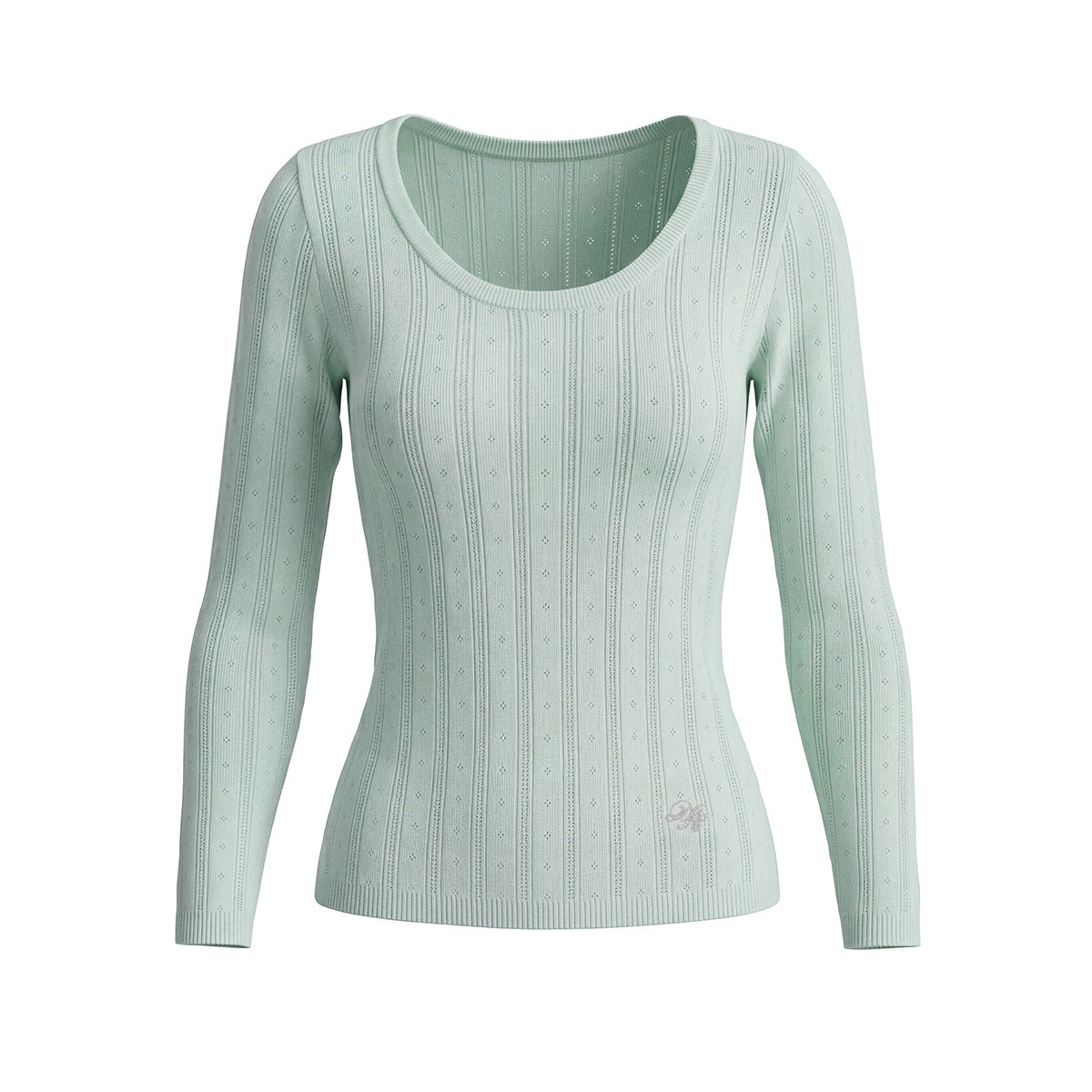 U-neck vertical groove long sleeved knitted sweater for women