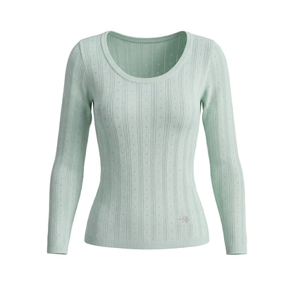 U-neck vertical groove long sleeved knitted sweater for women
