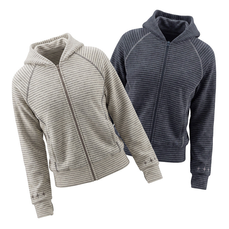 Light gray striped hooded zipper embroidered short jacket for women