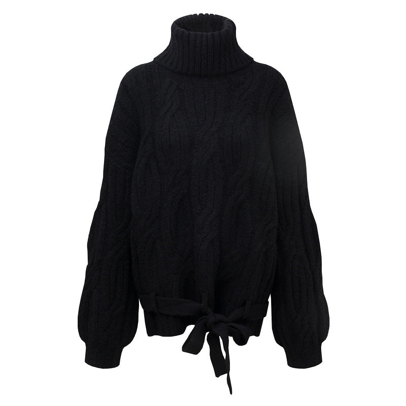 High neck twisted flower hem tied with a headband thick sweater