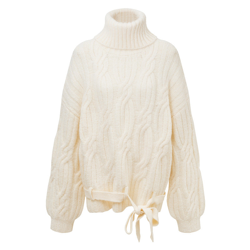 High neck twisted flower hem tied with a headband thick sweater