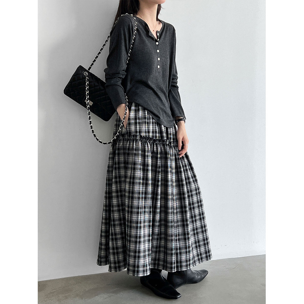 Deer West Plaid High-Waisted Patchwork Ruffle  Skirt for Women A-Line Flared Umbrella Skirt
