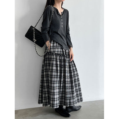 Deer West Plaid High-Waisted Patchwork Ruffle  Skirt for Women A-Line Flared Umbrella Skirt