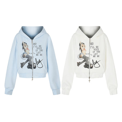 Letter printed light blue hooded jacket