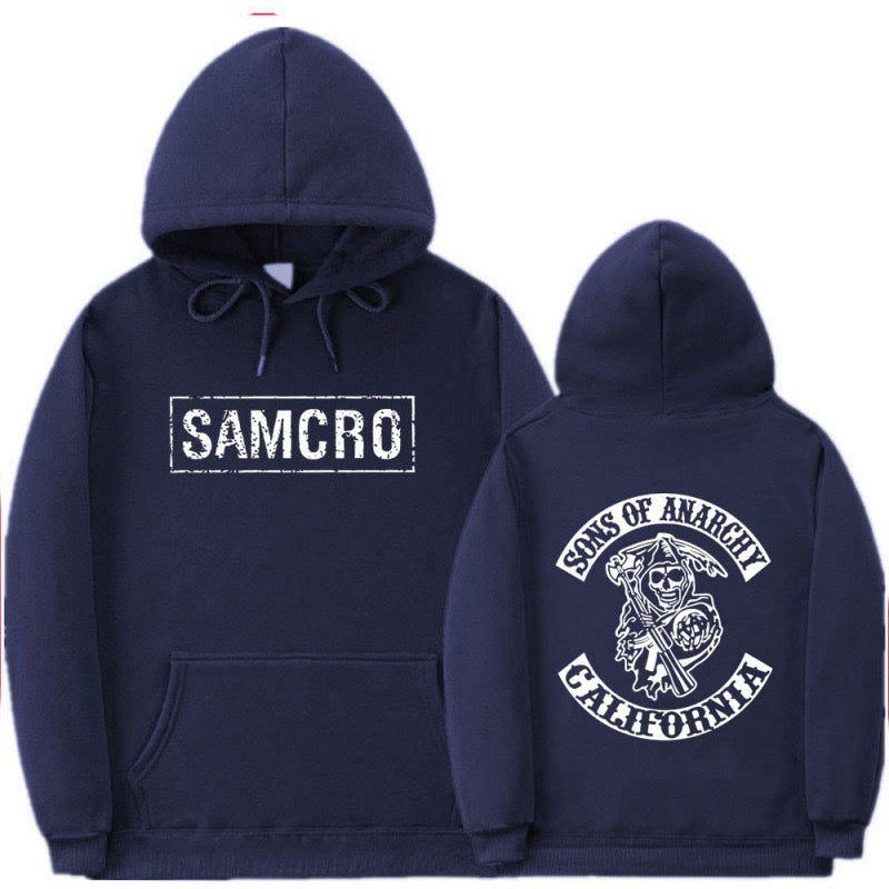 Casual Couple Pullover Fleece-Lined Hooded Sweatshirt with SAMCRO Print