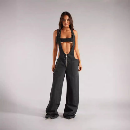 European and American zipper denim overalls women's autumn style loose casual pocket wide leg pants for women