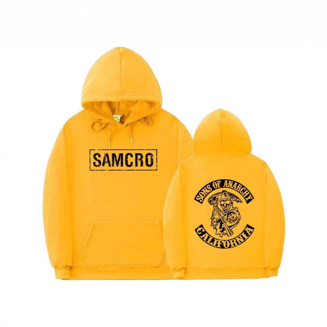 Casual Couple Pullover Fleece-Lined Hooded Sweatshirt with SAMCRO Print