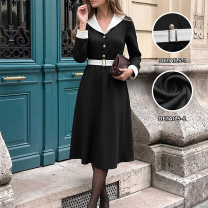 Elegant Long Sleeve V-Neck Belted Waist Long Dress for Women