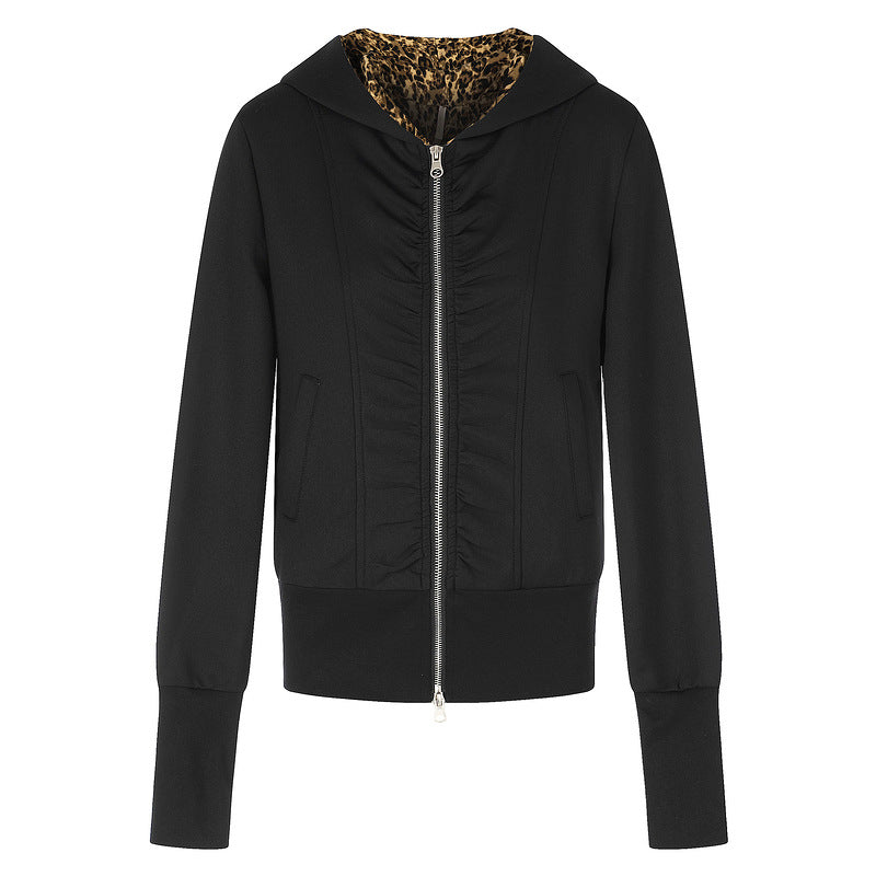 White pleated zipper hooded jacket