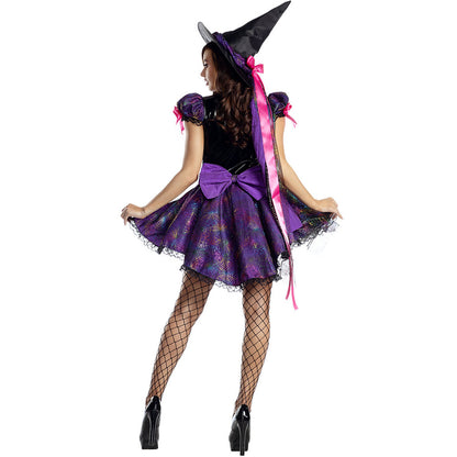 Spooky Spiderweb Witch Purple Magician Costume for Women, Halloween Party Stage Outfit