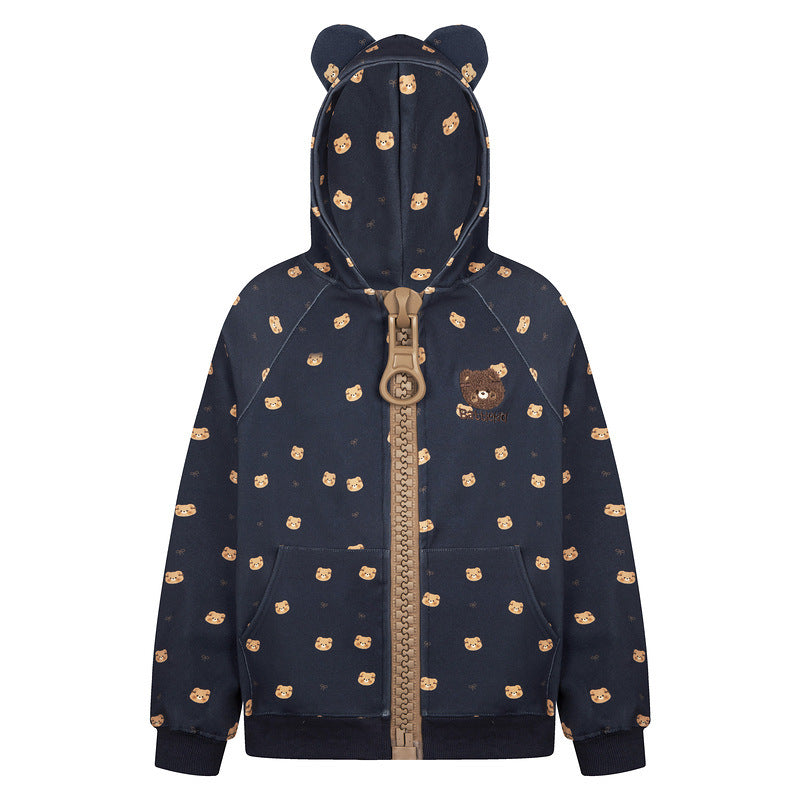 Full printed teddy bear ears hooded cardigan sweatshirt loose jacket
