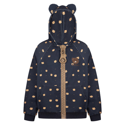 Full printed teddy bear ears hooded cardigan sweatshirt loose jacket