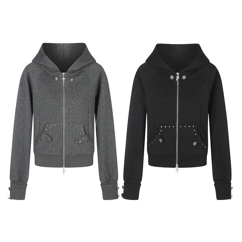 Grey nail style double bag hooded sweatshirt with cross zipper jacket