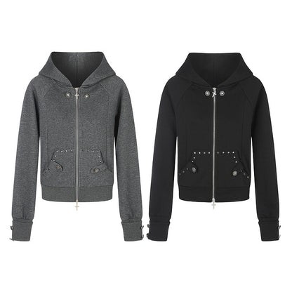 Grey nail style double bag hooded sweatshirt with cross zipper jacket