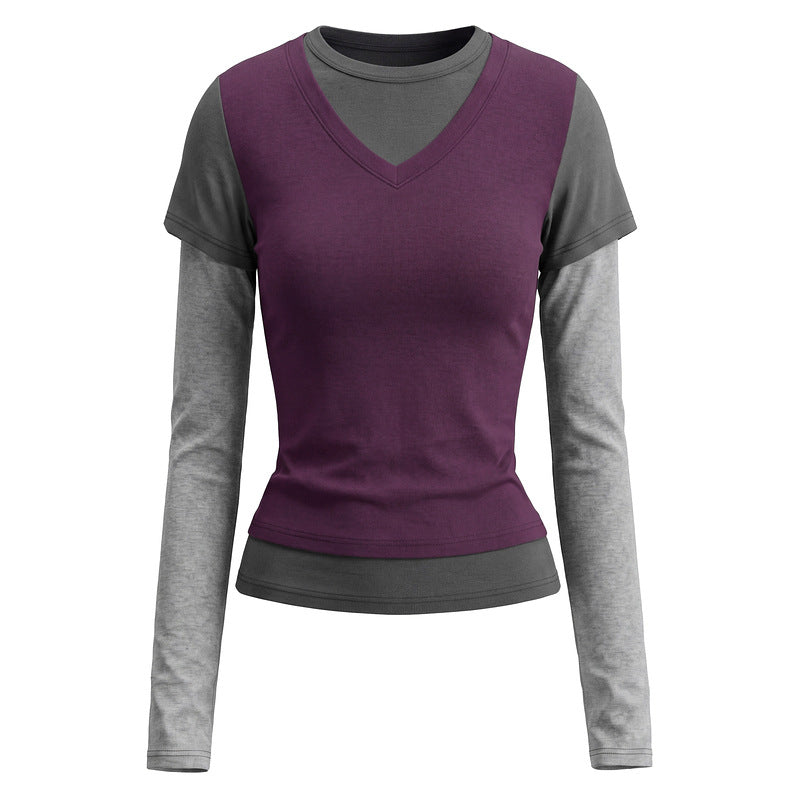 Color blocking fake two long sleeved T-shirts for women with V-neck stitching