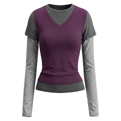 Color blocking fake two long sleeved T-shirts for women with V-neck stitching